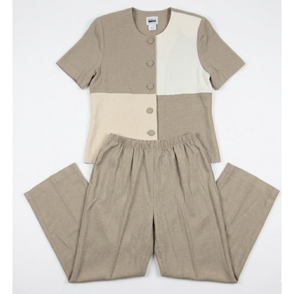 Vintage Leslie Fay Top & Pant Womens 14P Tan USA Outfit 2 Piece Business Career